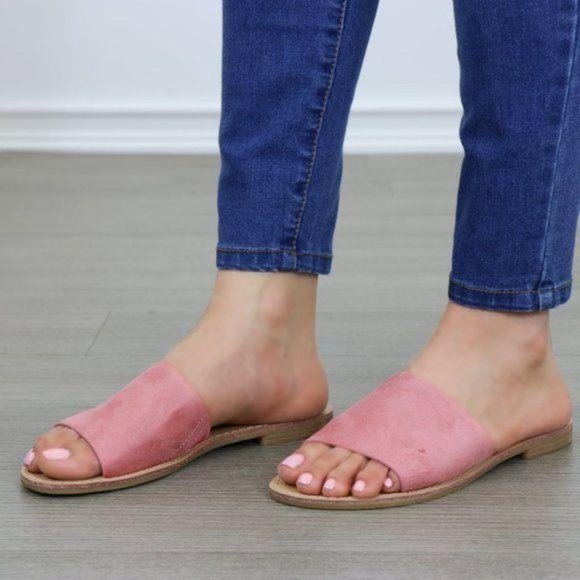 Suede Slip On Slider Pink Flat Sandals - Picture 6 of 7